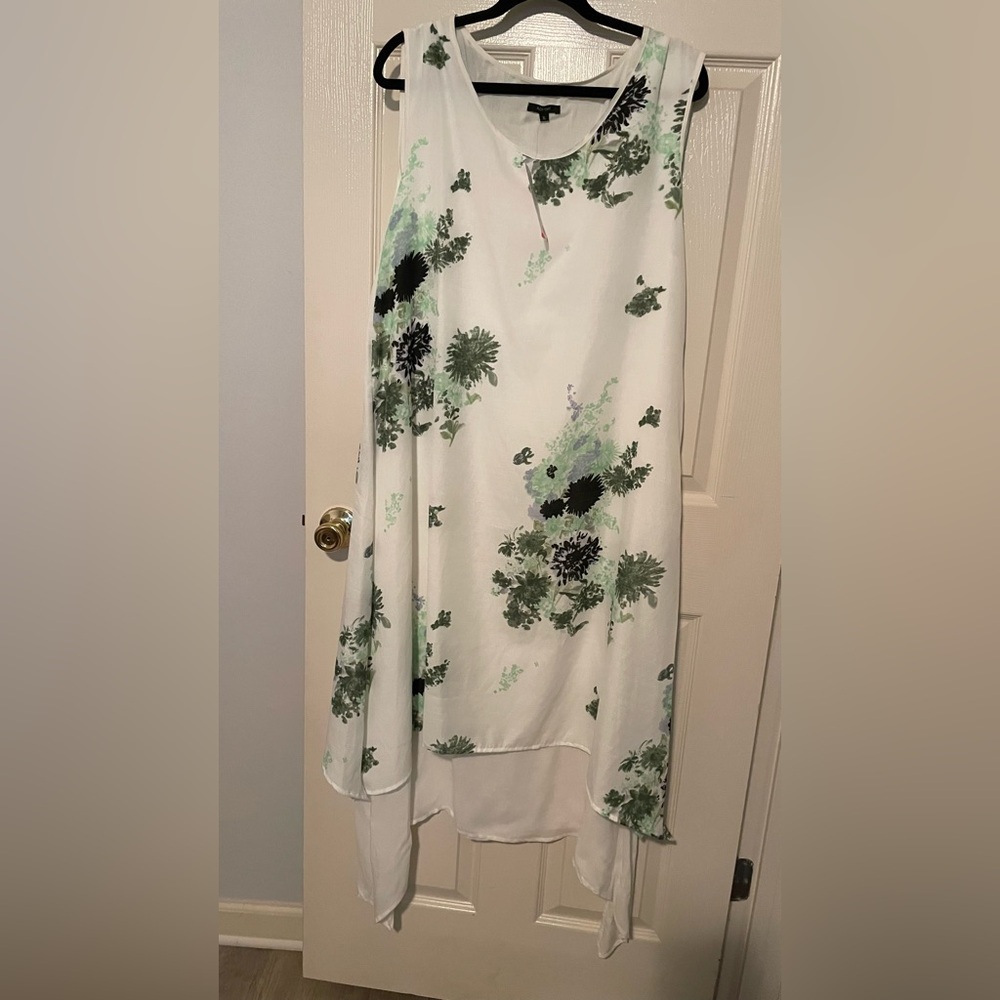 52” LONG, NWT, XL white/ green floral, sleeveless dress. 22” across bust.